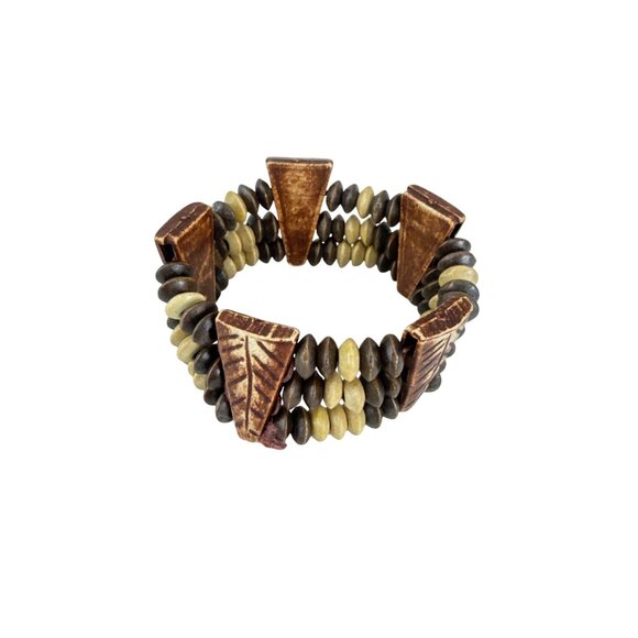 Tribal Style Stretch Bracelet Carved Wood Beads Natural Earth Tone Boho Chunky - Picture 2 of 7